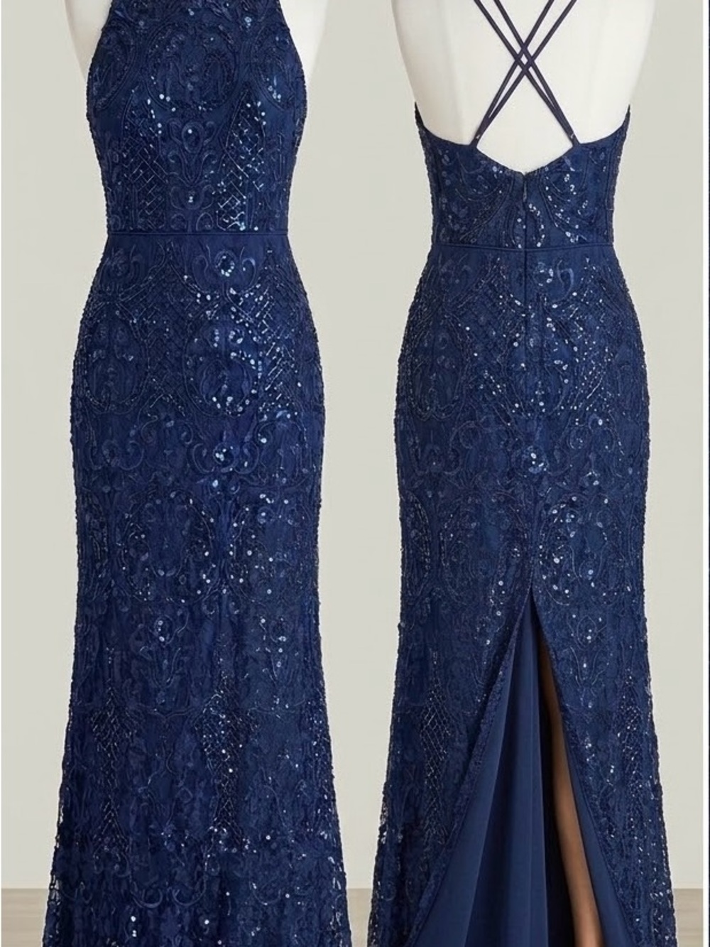 Aidan Mattox Navy Beaded Lace Backless Evening Gown